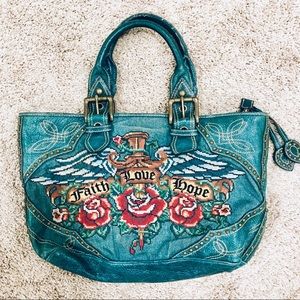 Isabella Fiore Faith Love Hope Denim Studded bag